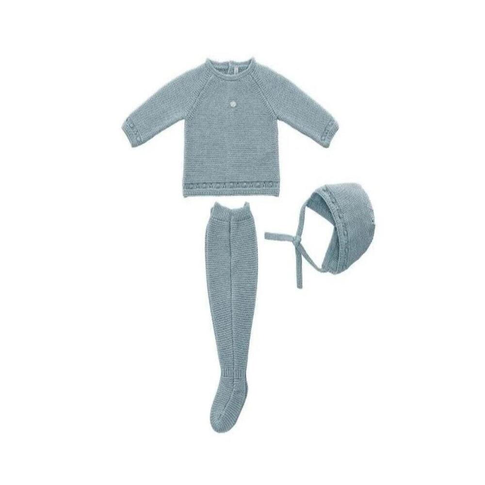 NEW MARTIN ARANDA baby boys' knit sweater, leggings, & hat set in light blue